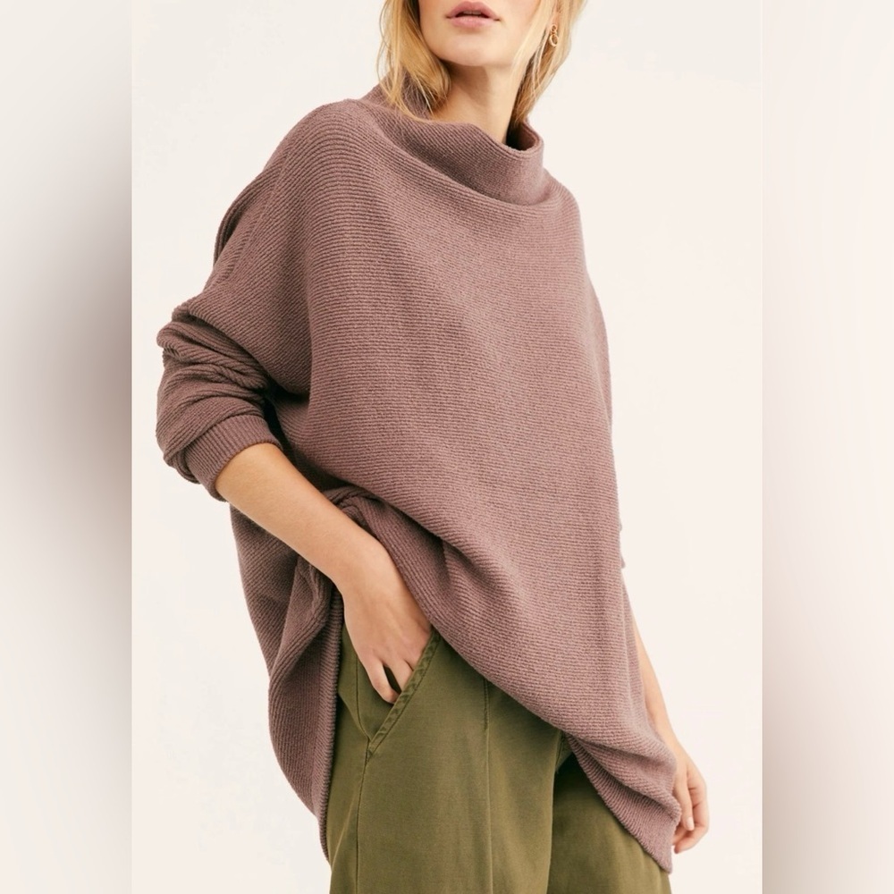 Free People Ottoman Slouchy Tunic sweater brown, nutmeg mock neck oversized XS